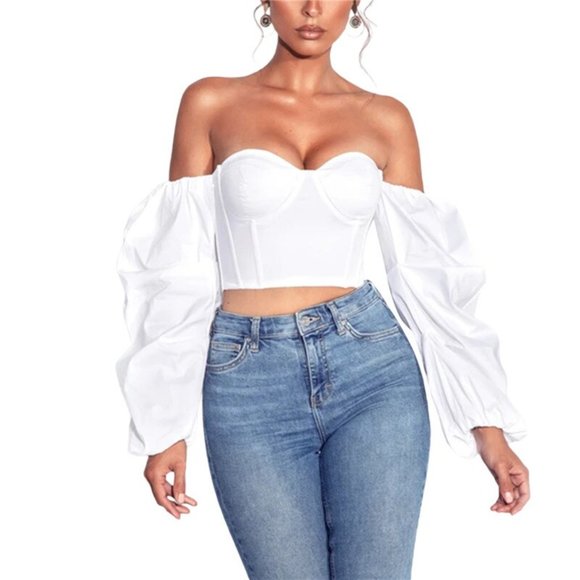 Tops - NEW Off Shoulders Long Puff Sleeve Crop Top with Boning White Satin